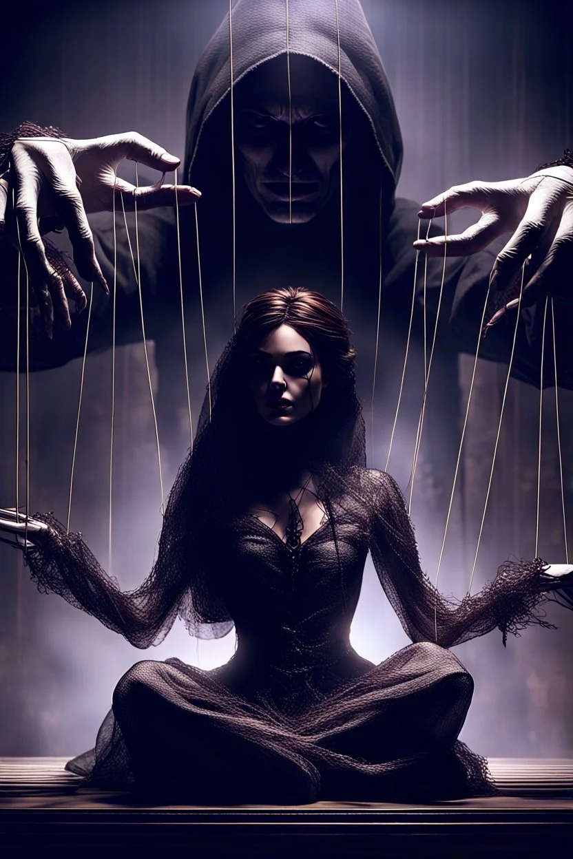 A dramatic digital mage of a woman seated on a table,facing to the front ,she is connected to string like a puppet, arms in air, moved by the strings, puppet like features in the face, beautiful face, behind her also facing the front is the puppet master,is a huge image of a man holding the strings, creepy gothic character,.zoomed in, dark and shadowy background with selective lighting on the woman, gothic and chaotic