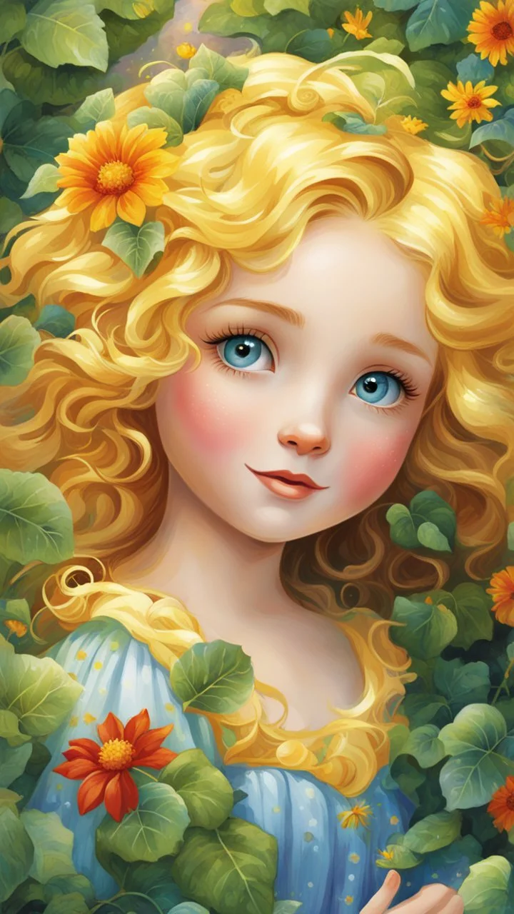 In this captivating children's illustration, you will encounter a beautiful young girl with bright yellow hair that resembles the warmth of sunshine. Adorning her head are red flowers delicately sewn, adding a touch of whimsical charm to her appearance. Her adorable sparkling blue eyes twinkle with innocence and wonder. The girl finds herself surrounded by a brick wall covered in lush green ivy, creating a magical and enchanting backdrop. Created with meticulous detail using digital painting tec