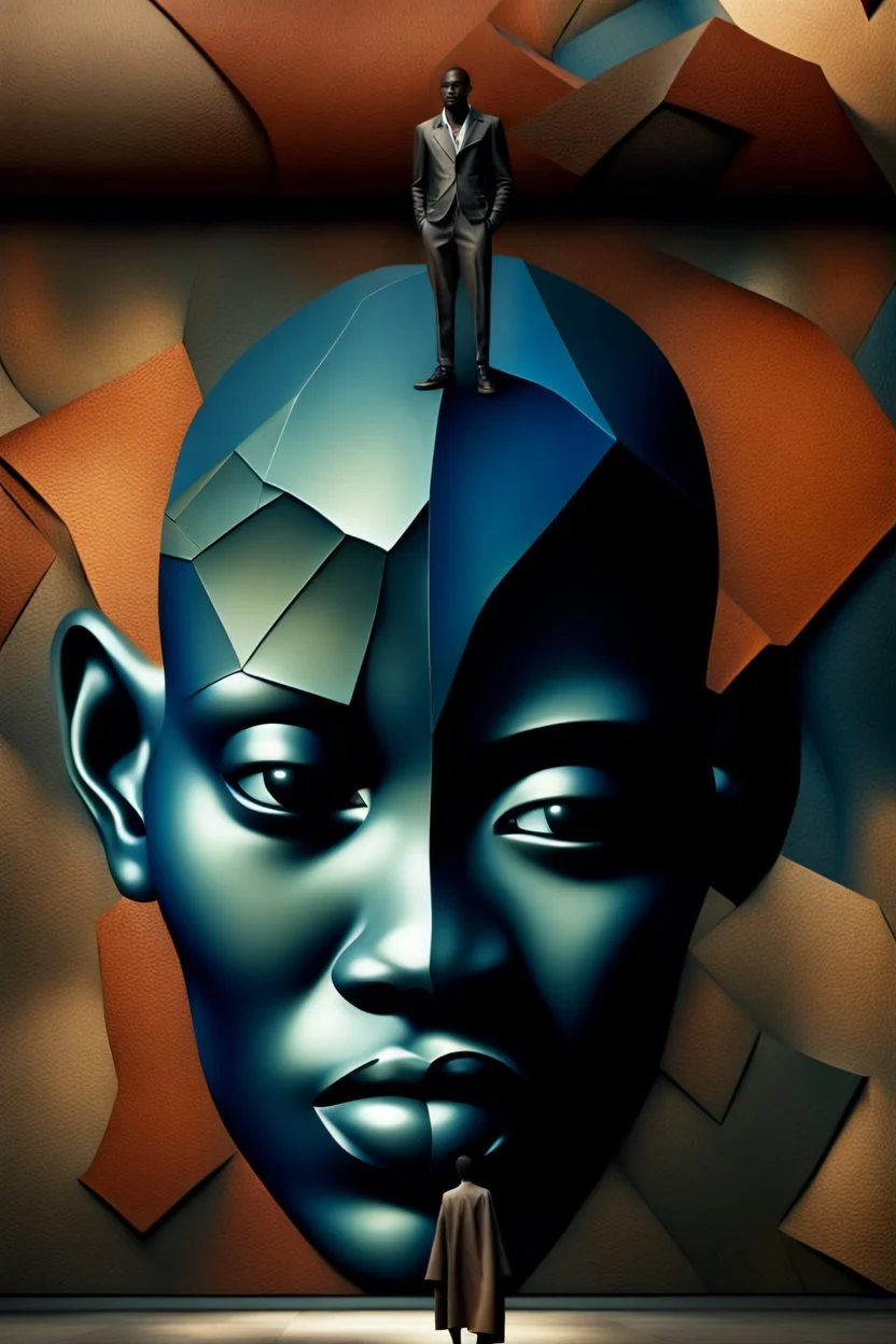 Modern African theme, people in full growth, surrealism cubism. material old leather, cracks, beautiful, light