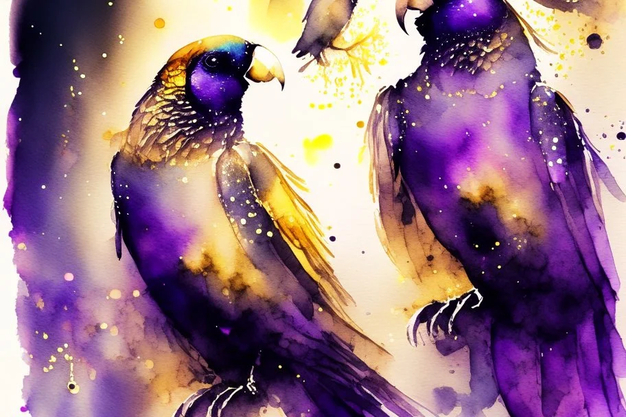 parrot-phoenix mix birds, a picture of togetherness, death, resurrection, purple in sunshine, watercolor and black ink outlines, sparkling golden glitter, ethereal, cinematic postprocessing, bokeh, dof