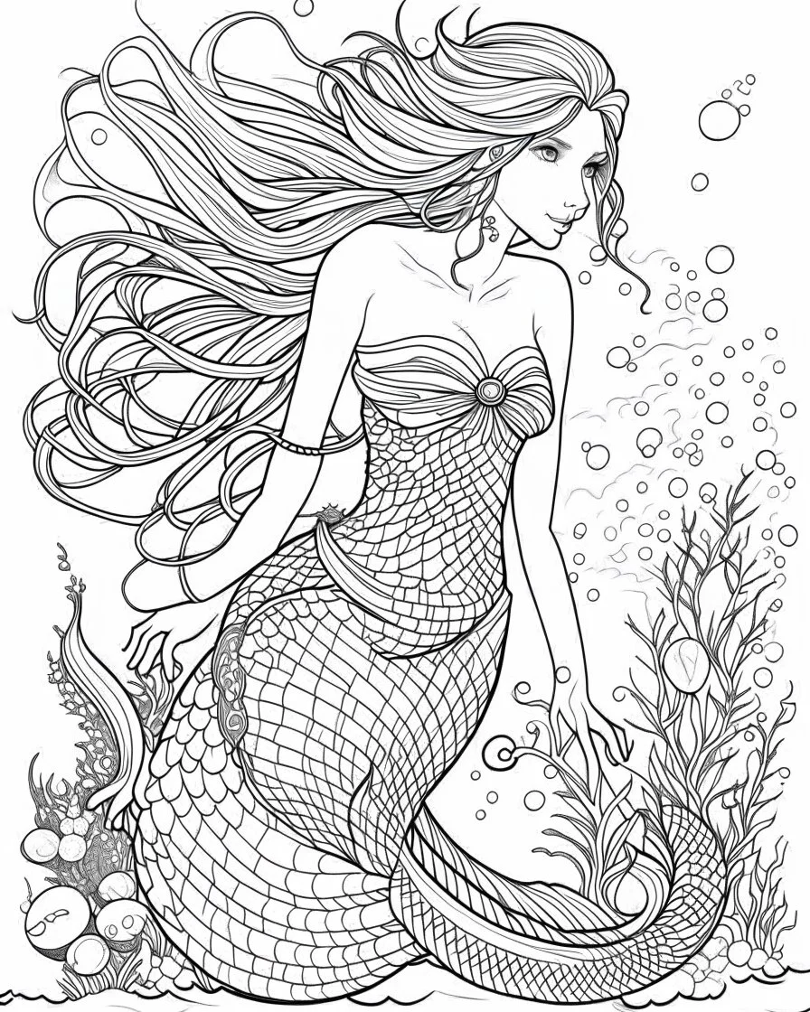 A real simple l mermaid, coloring image,