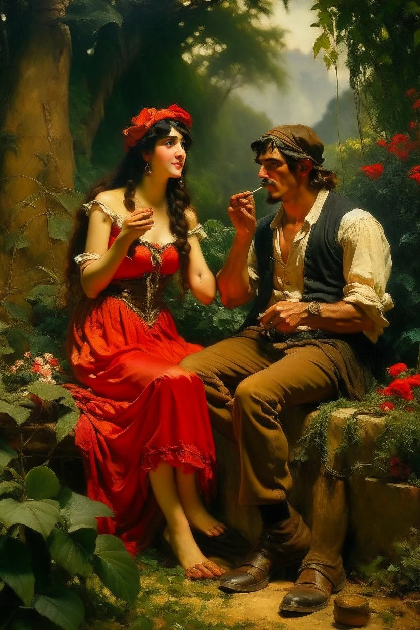 Carmen the Spanish gypsy girl tempts adam with a cigarette in the garden of Eden