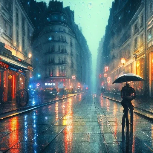 Cyberpunk street view in night , paris , rain, ground reflection