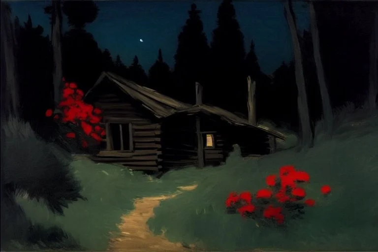 Night, cabin, pine trees, pathway, red flowers, edouard manet impressionism painting