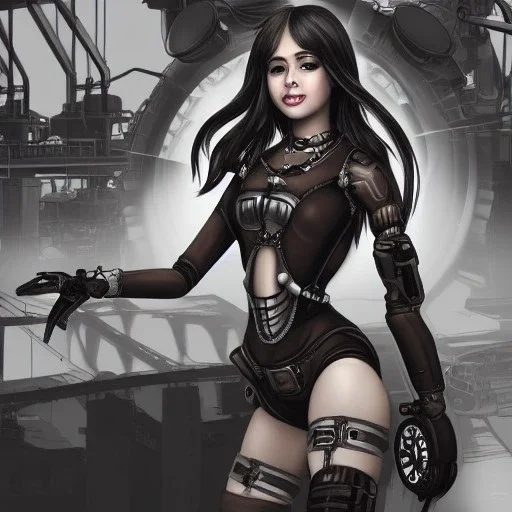 great illustrator, spanish, realistic rendering of a cute girl, beautiful, steampunk syle, black and white. Helmet with tubes. breathing tube. Machinery in the background. robotic bird flying. High details. 4k. unreal engine