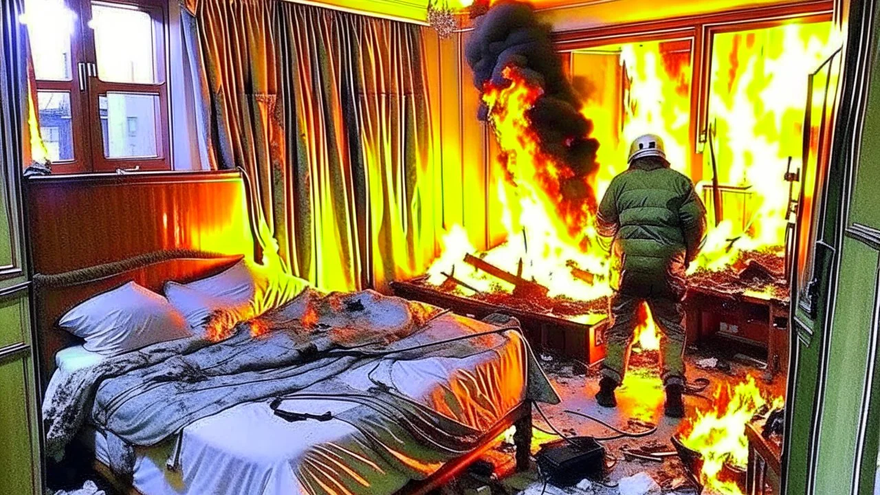 Russian lunatic tears hotel room apart then starts it on fire while man squats down and defecates on the bed