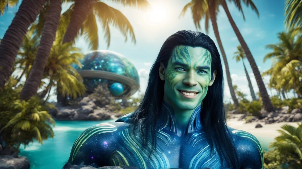 beautiful gorgeous young man na'vi with long hair, Avatar, blue skin, two small ears, green eyes, black hair, in cosmic suit, galactic ambiance, smiling, with spaceship and planets and palm trees and clear crystaline cosmic beach in background