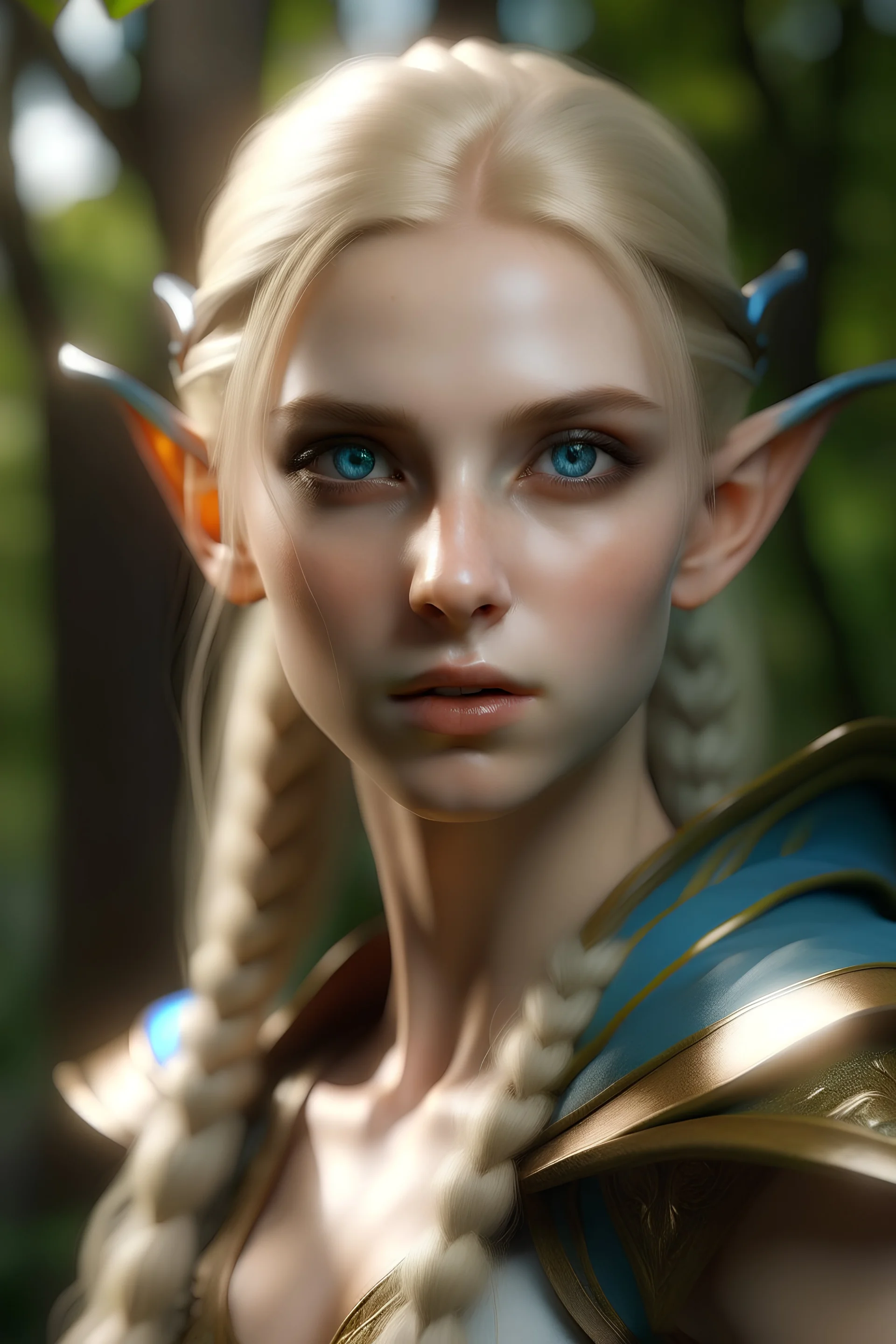 Realistic Hunter she-elf with blonde hair and blue eyes