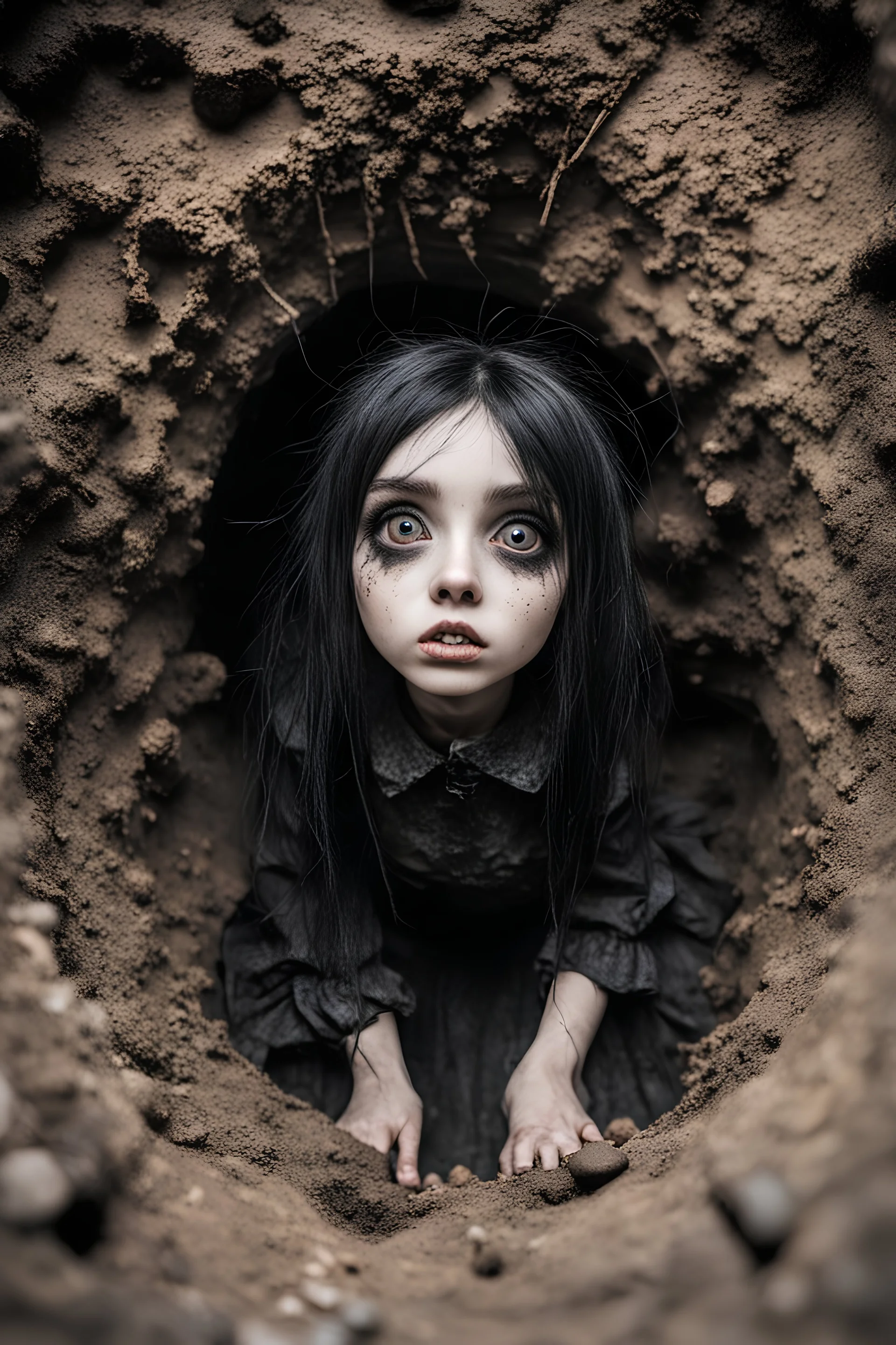 Closeup petit Girl goth with big eyes, fullbody, ragged clothes, extended like roots, the perspective looking up from the bottom of an empty well ,under mud and rats, 8k,macro photography,