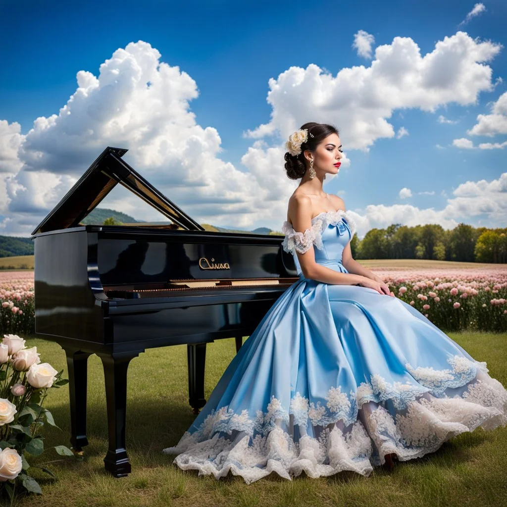 fullbody girl makeup wearing a victorian dress sitting to a grand piano in country side ,flowers ,pretty clouds in blue sky