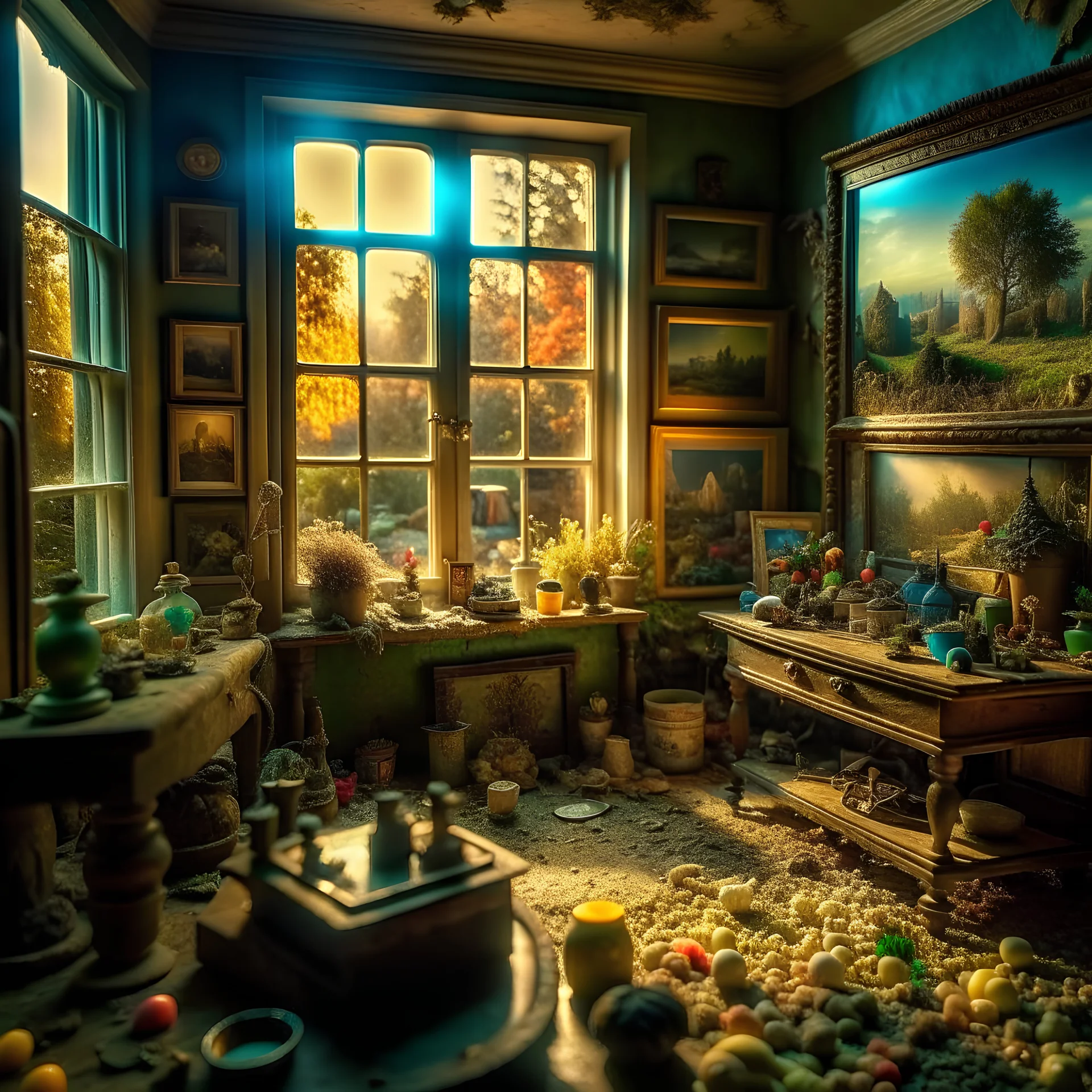 Diorama of old stuff in a room, sharp focus, 8k, 3d, very detailed, volumetric light, grim, fine art, very colorful, ornate, 35mm, F/2.8, insanely detailed and intricate, hypermaximalist, super detailed, decadent, creepy landscape outside a window, fake