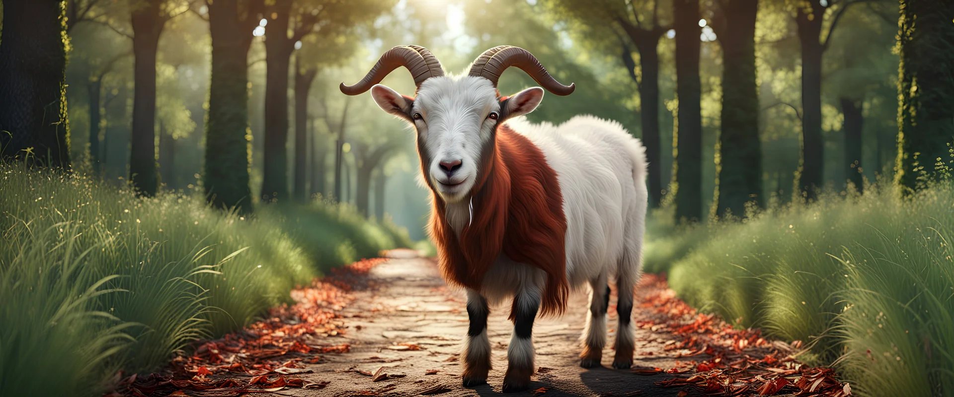 High-end hyperrealism epic cute goat chewing grass, inspired cinematic photography, symmetry forest alley background, Aesthetic combination of sage green and walnut and honey red, Vintage style with brown pure leather accents, Art Nouveau visuals with Octane Render 3D tech, Ultra-High-Definition (UHD) cinematic character rendering, Detailed close-ups capturing intricate beauty, Aim for hyper-detailed 8K