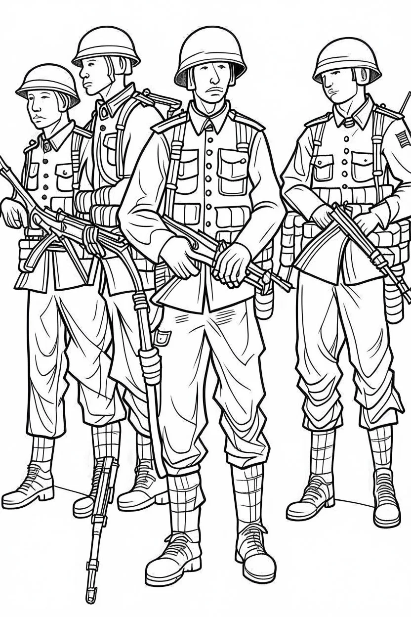 Outline art for coloring page OF A SET OF SMALL AMERICAN TOY ARMY SOLDIERS, coloring page, white background, Sketch style, only use outline, clean line art, white background, no shadows, no shading, no color, clear, looking down at the scene