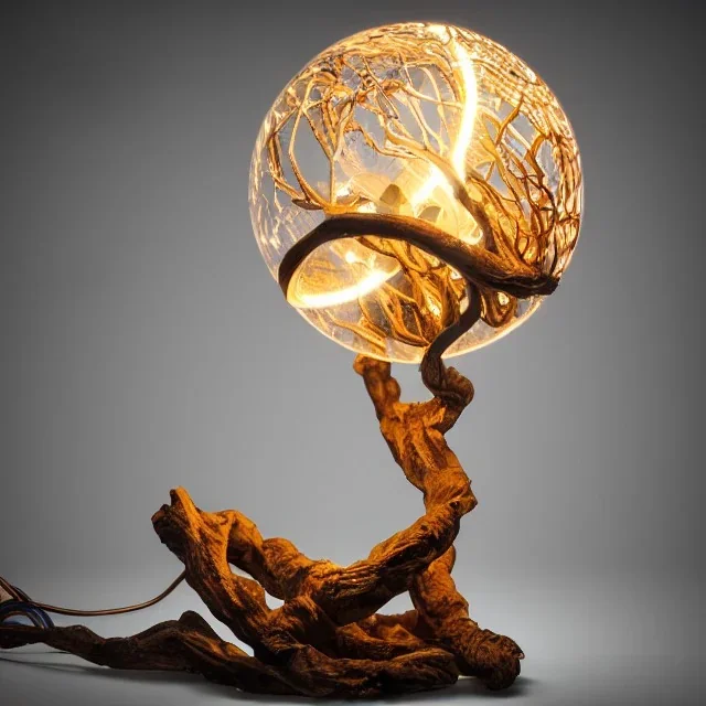 a gorgeous, stunning table lamp made of twisted, gnarled wood with illuminated globe of light hanging off one branch, muted color background, 8k resolution, high-quality, fine-detail, photorealistic, intricate, digital art, detailed matte, volumetric lighting, illustration, 3D octane render, brian froud, howard lyon, selina french, anna dittmann, annie stokes, lisa parker, greg rutowski, George Grie, Ben Goossens, Igor Morski