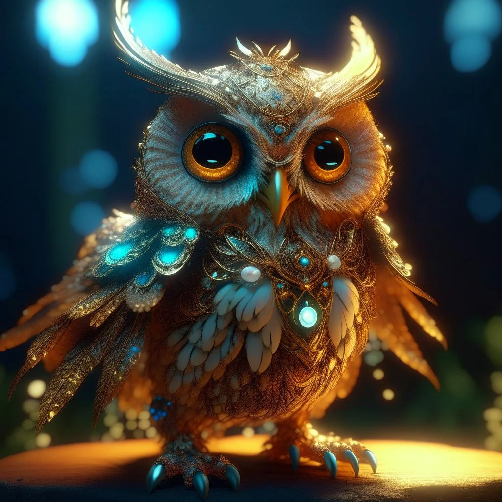 Cute and adorable fantasy owl, Bird-of-Paradise, sparrow, full body, shiny metallic jeweled depth, glowing smoke neon eyes, hoarfrost metal lace, fantasy, sunlight, sunbeam, intricate detail. 8k, dreamlike, surrealism, super cute, symmetrical, soft lighting, trending on artstation, intricate details, highly detailed, unreal engine, by ross tran, wlop, artgerm and james jean, Brian Froud, art illustration by Miho Hirano, Neimy Kanani, oil on canvas by Aykut Aydoğdu, oil painting, heavy strokes, p