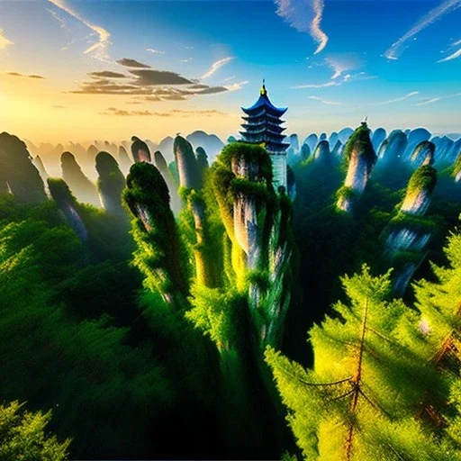 Wulingyuan Scenic Area, China,aerial view,extremely detailed digital painting, high resolution,8k, realistic, beautiful, volumetric lighting, mystical colors ,perfectly centered image, perfect composition, rim light, beautiful lighting,masterpiece, stunning scene, raytracing, anatomically correct, in the style Van Gogh and robert e howard and Ken Kelley and Ohrai Noriyoshi and Simon Bisley and tomzj1.