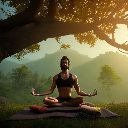 A powerful yogi doing meditation under tree in Himalayas, day light, hd, hyper realastic