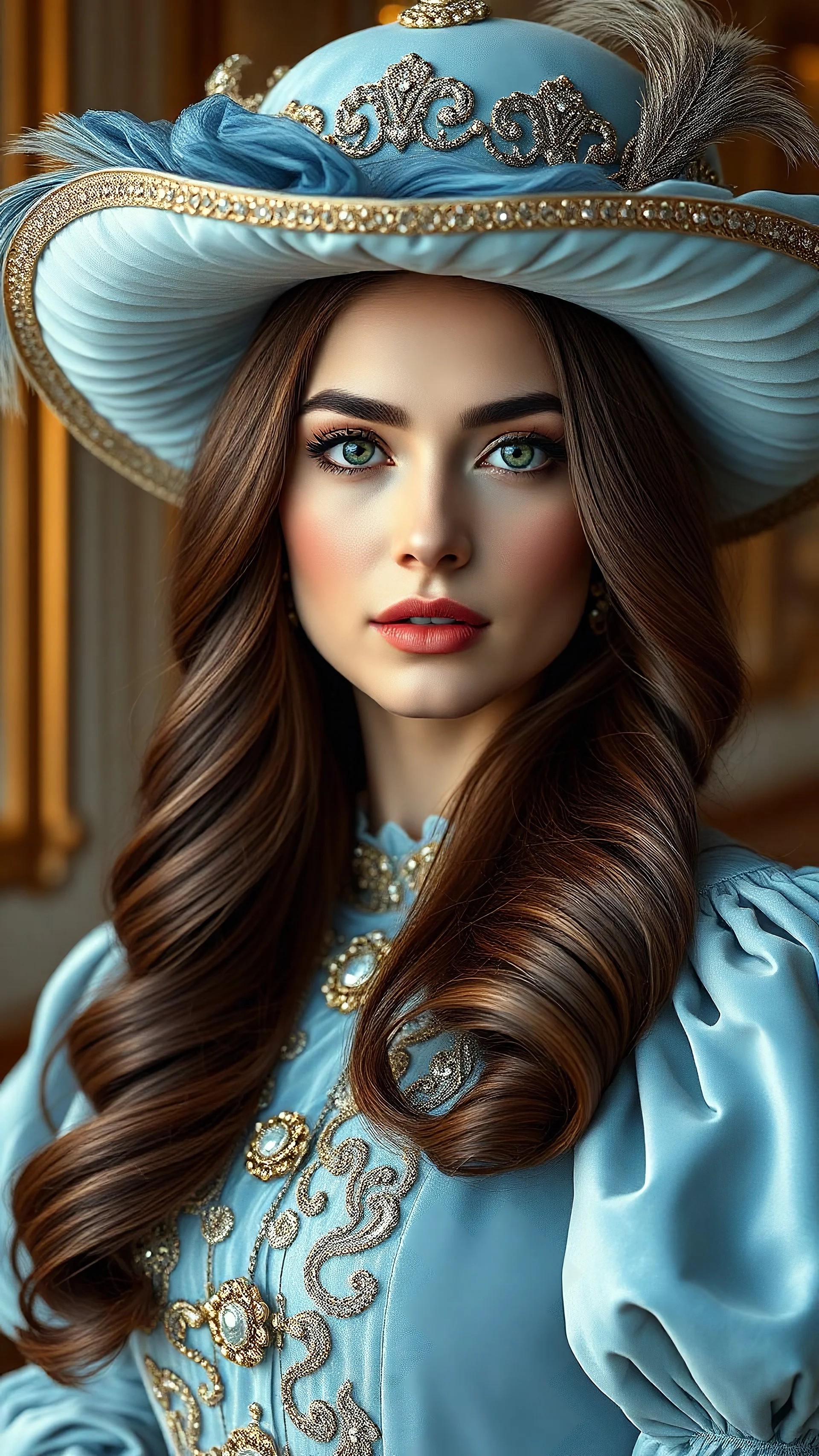 full body beautiful Fahriye Evcen actress with long hair and luxurious hat wearing light blue velvet dress with puffed sleeves and ornaments posing for fashion magazine cover, Photorealistic, soft facial features, 8k, Rococo style, intricate details, dramatic, vivid contrast, soft facial features, fresh colors