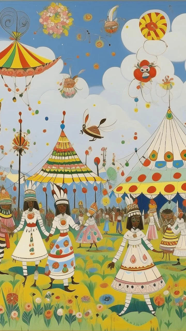 A white sky themed carnival with bees designed in Kuna molas painted by Birge Harrison