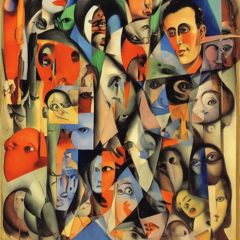 An aphoristic collage of characters, Dada, Surrealism, by artist “Raoul Hausmann", by artist "Francis Picabia," complementary colors, analogous colors, perspective, deep focus, centered, crisp, clear, high resolution"