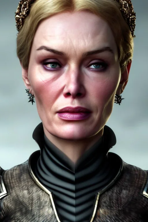 Cersei Lannister as evil queen in black leather, busty, cleavage, curvy, lena headay, angry, stern look. character design by cory loftis, fenghua zhong, ryohei hase, ismail inceoglu and ruan jia. unreal engine 5, artistic lighting, highly detailed, photorealistic, fantasy