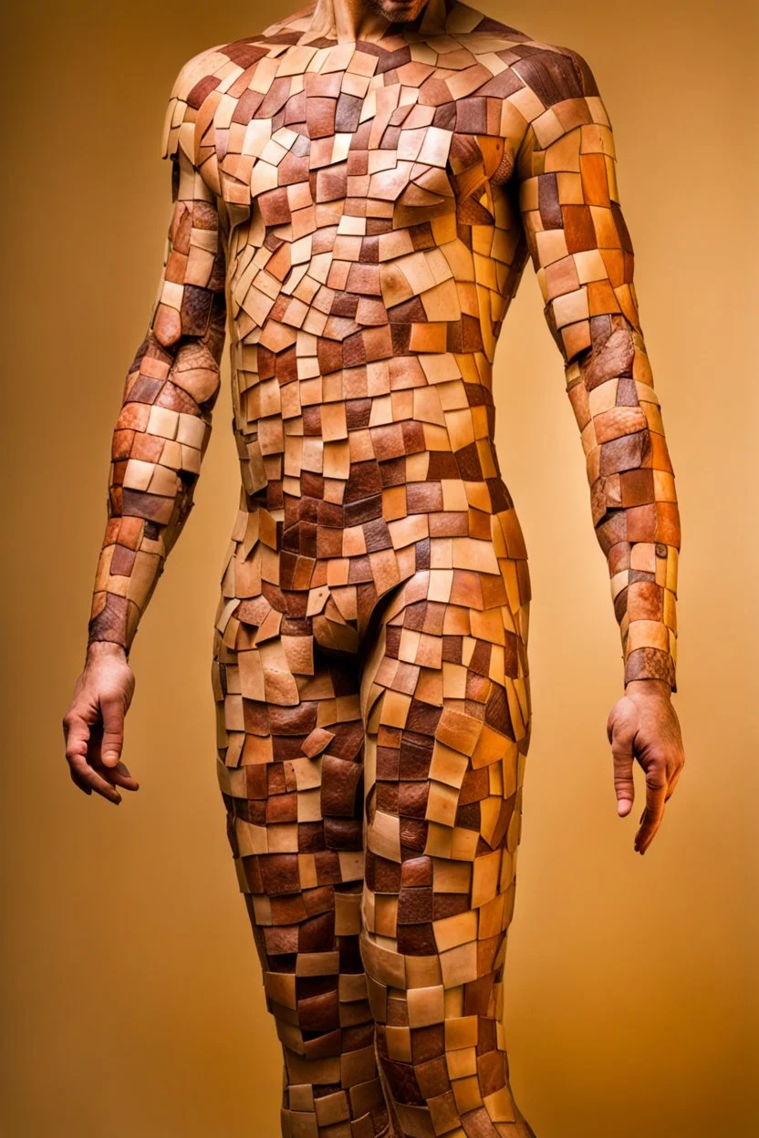 a terrifying human patchwork of human skin. front shot.