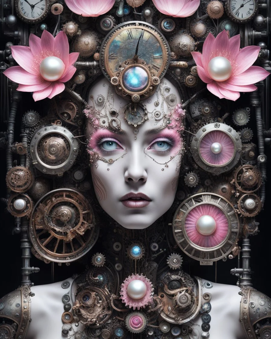 Neo Surrealism picture cyborg mechanical elements face in luxurious Beautiful steampunk venetian canial wite ad black bioluminescense& pink irridescensestyle close up woman cyborg mechanical face adorned mechanicals with pearl art,mollusk clocks headress with mollusk clocks colour water lily black irridescent flower wearing pearl art style mollusk gears ribbed costume metallic filigree venetian carnival style Golden dust make up, irridescent masque and costume organic bio spinal al ribbed bokeh