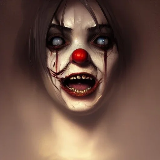 Greg Rutkowski, WLOP, Artgem, a photorealistic dramatic hyper-realistic crying creepy clown girl painting with crystal black eyes, elegantly beautiful dynamic shadows, Artstation,concept design art, Octane render,8K