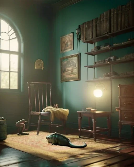 Room scene with alligator sleeping, Wes Anderson styler, realistic image, concept art, smooth, unreal engine 5, god lights, ray tracing, RTX, lumen lighting, ultra detail, volumetric lighting, 3d.