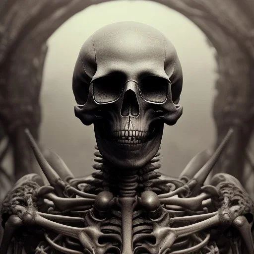 a skeleton warrior in hr giger style, blood liquid down the skulls head, steam punk, realistic, made in octane, cinematic, ultra-realistic, extremely detailed octane rendering, 8K, VRAY Super Real ar 2:3, dof photorealistic futuristic 50mm lens hard lighting dark gray tintype photograph, realistic lighting, sepia color