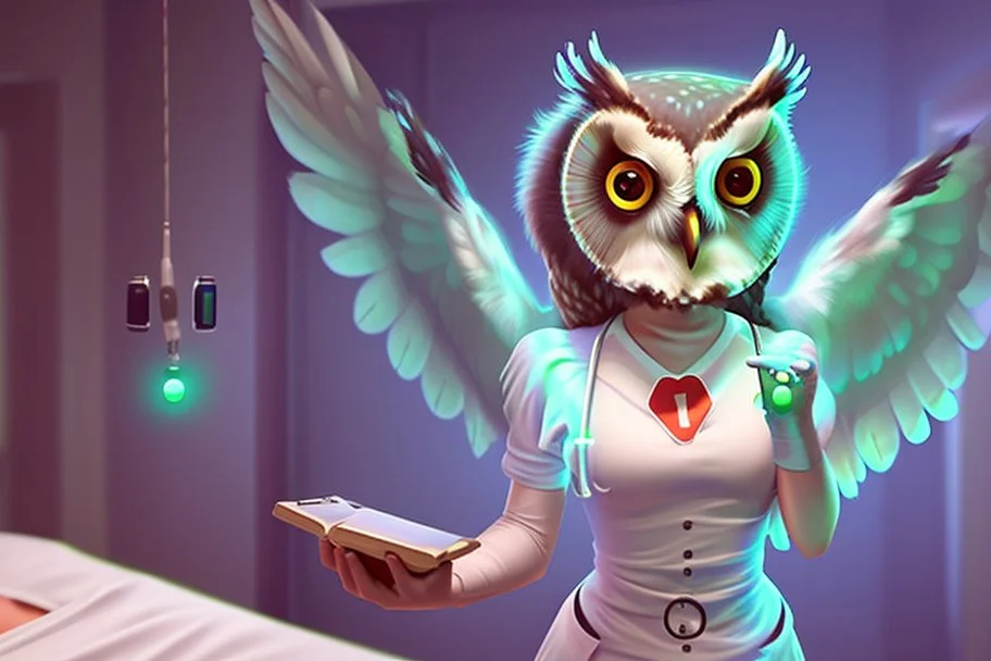 owl nurse in nurse's costume dances in a hospital room while dynamically dispensing pills upwards