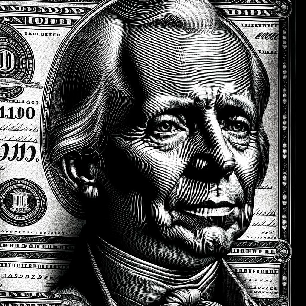 hedcut wsjstyle engraved light lined based on united states federal reserve note dollar bill photorealistic