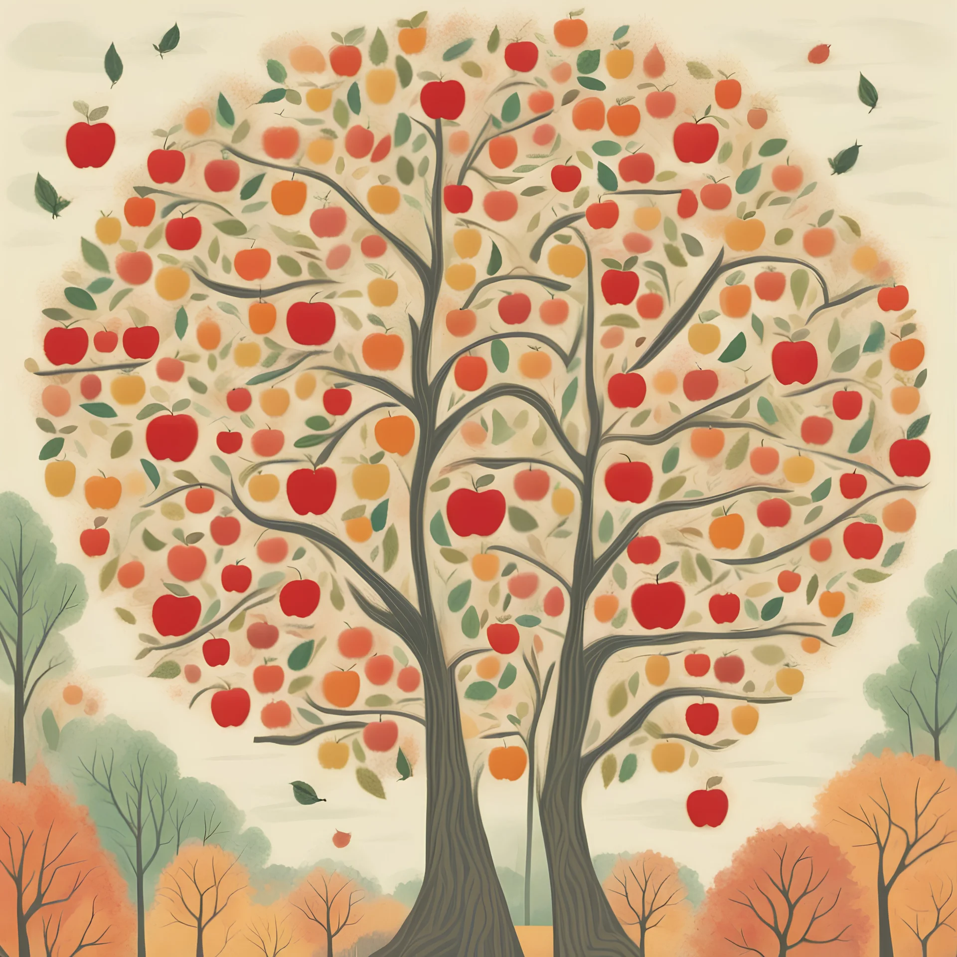 The branches that are like apples are on the side of the page and behind it is a very colorful forest