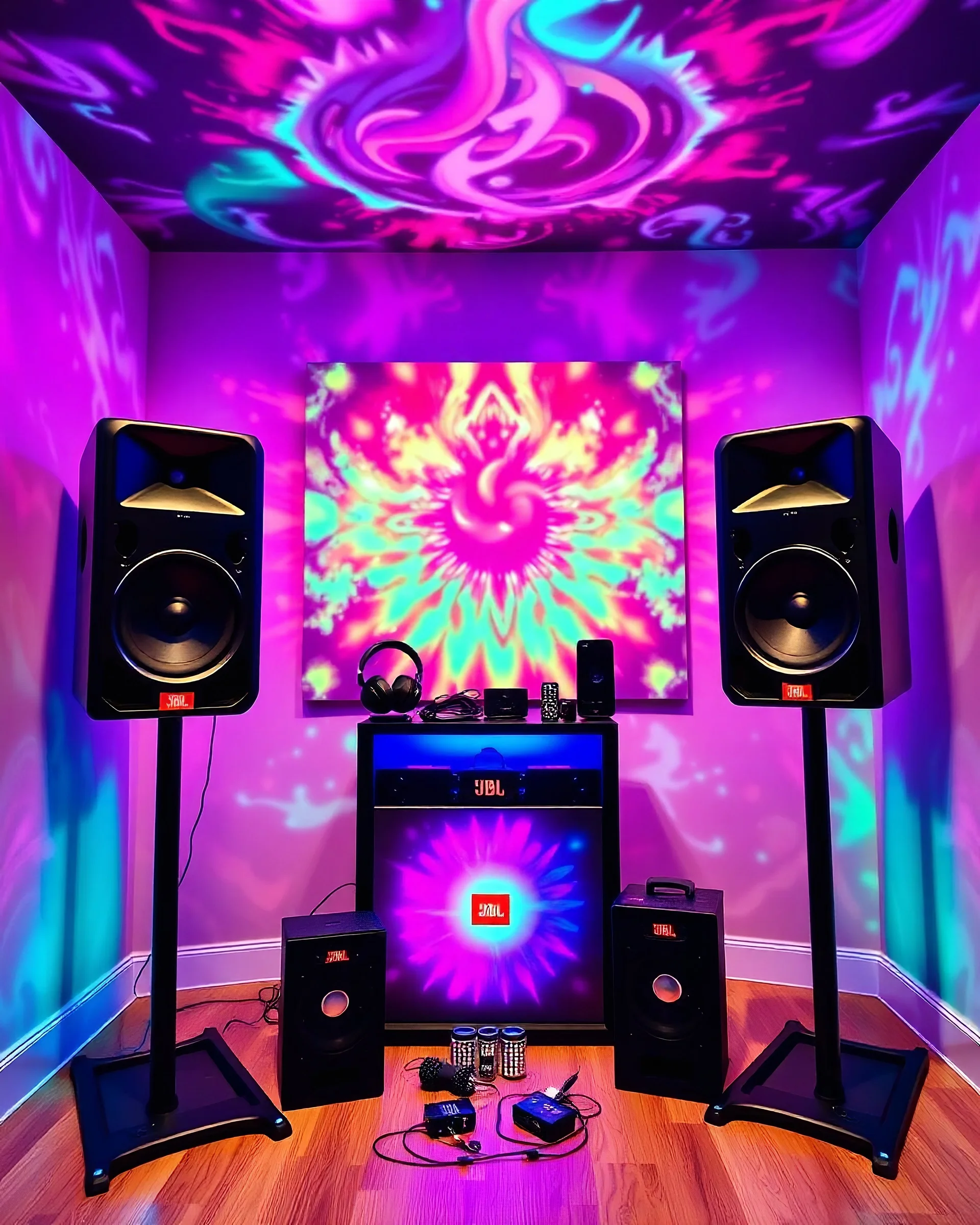 A beautiful design with photos of standing party speakers, party boxes, headphones, mobile chargers, and JBL speakers in the center of the room with a beautiful, unique, and psychedelic color theme.