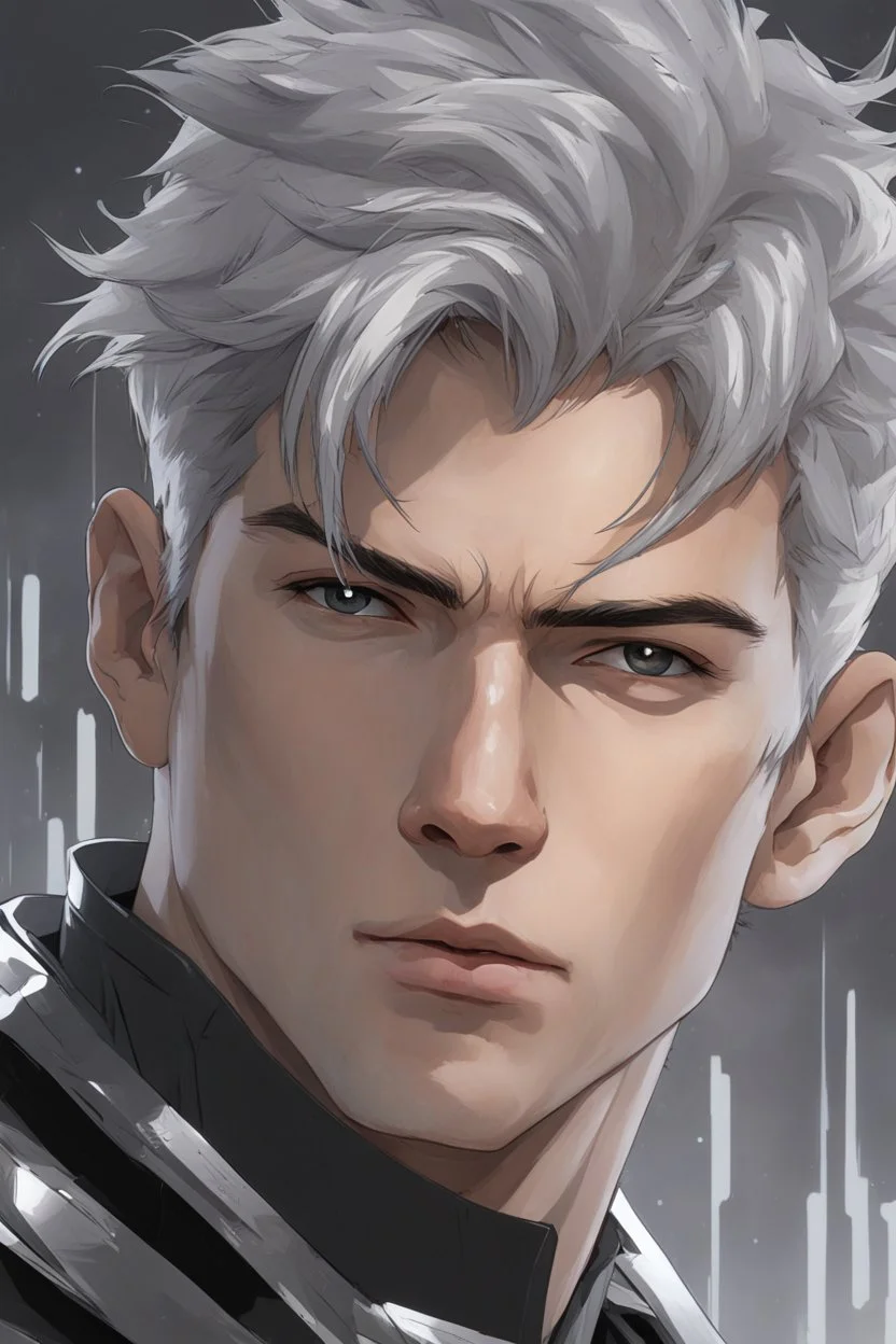 close up headshot portrait of a man in his 20's, silver hair, gray eyes, athletic build, perfect face, confident, protective-looking, Wadim Kashin, James Gurney, amazing beauty, splash art background, wears silver and black clothes, anime style, 8k resolution, high definition, intricate design,