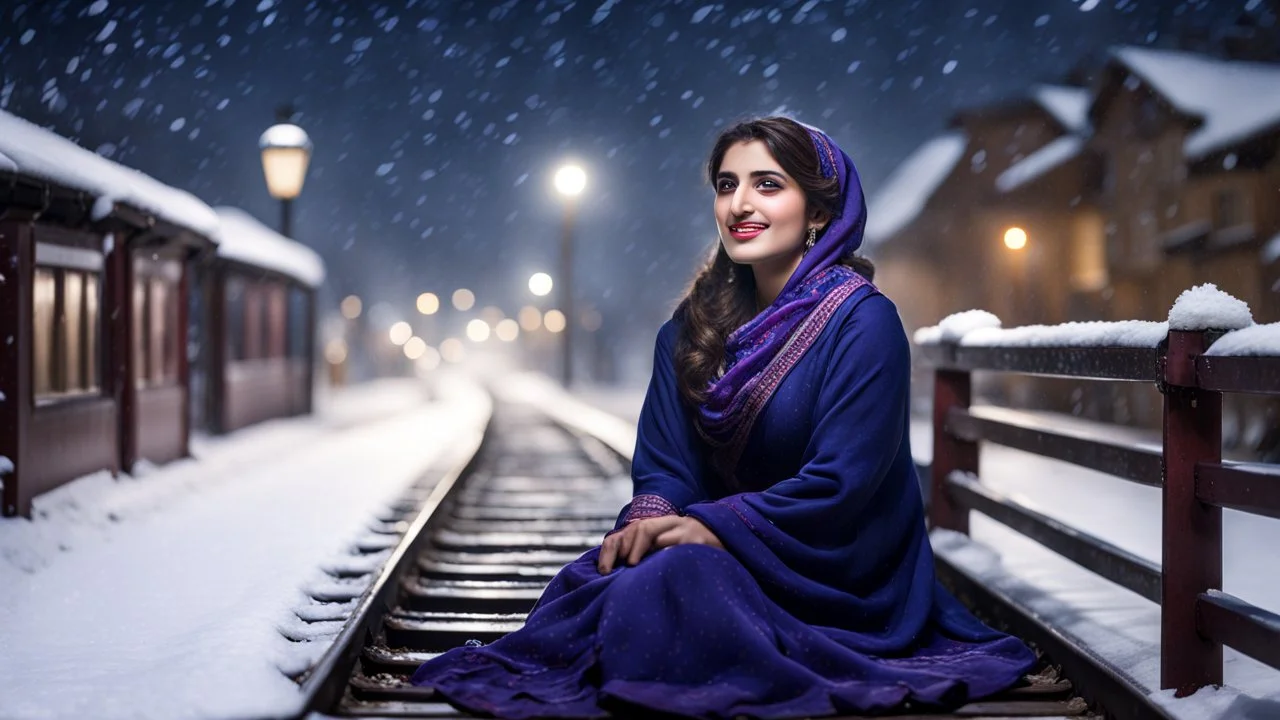 Hyper Realistic Photographic View Of A Beautiful Young Pashto Woman With Beautiful Eyes Lips & Nose (Wearing Beautiful Navy-Blue Frock With Purple Embroidery & White-Wool Shawl With Her Long Black Whirling In Air, Cold Breeze) Happily Sitting On The Bench & Smiling At The Village Railway Platform At Heavy Snowfall Night Showing Dramatic & Cinematic Ambiance.