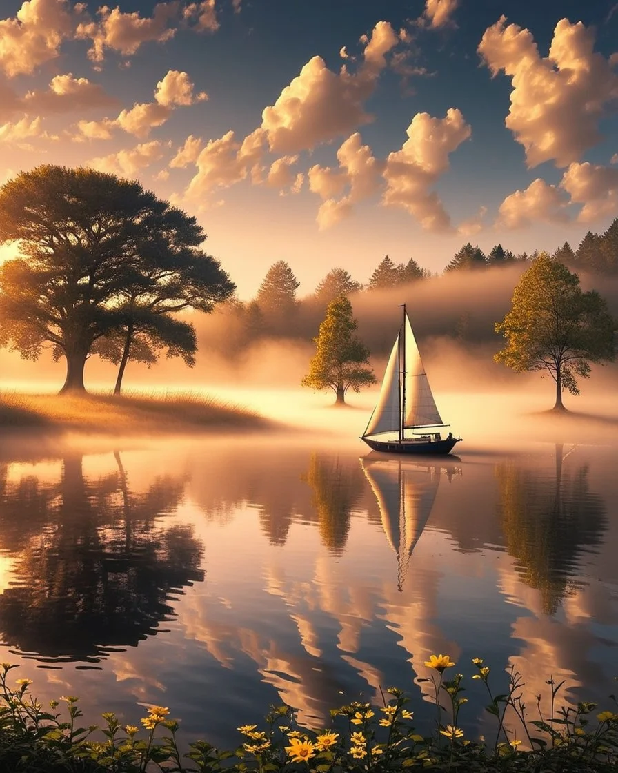 serene landscape of a peaceful lake at sunrise, with misty fog rising from the calm water, surrounded by lush green trees and vibrant flowers. A solo sailboat with a white sail billows in the gentle breeze in the distance. The warm sunlight casts a golden glow on the scene, with the sky transitioning from soft pink to gentle blue and feathery clouds. The trees are reflected perfectly in the still water, creating symmetry and balance. Evocative of a tranquil and harmonious m