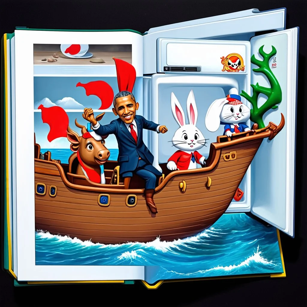 phototorealistic album cover album cover album cover obama doing stupid shit and bucks the bunny riding a swine pirate ship in the fridge