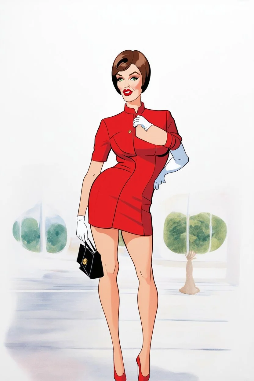cartoon style full body image of very feminine, dark brown haired 50 year old sexy stewardess in red uniform with short bob cut and strong, seductive makeup, smoky green eyes, highly shiny white plastic gloves, big thick pouty bright red lips, who looks a bit like Marilyn Monroe