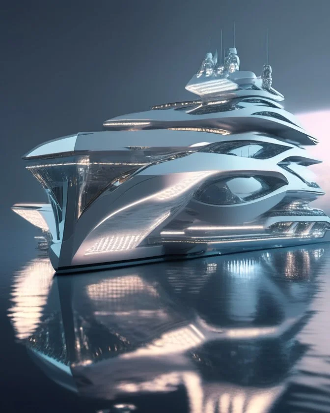 Futuristic cozy superyacht silver design, diamond-framed impressive, movie lighting, high resolution, 8K