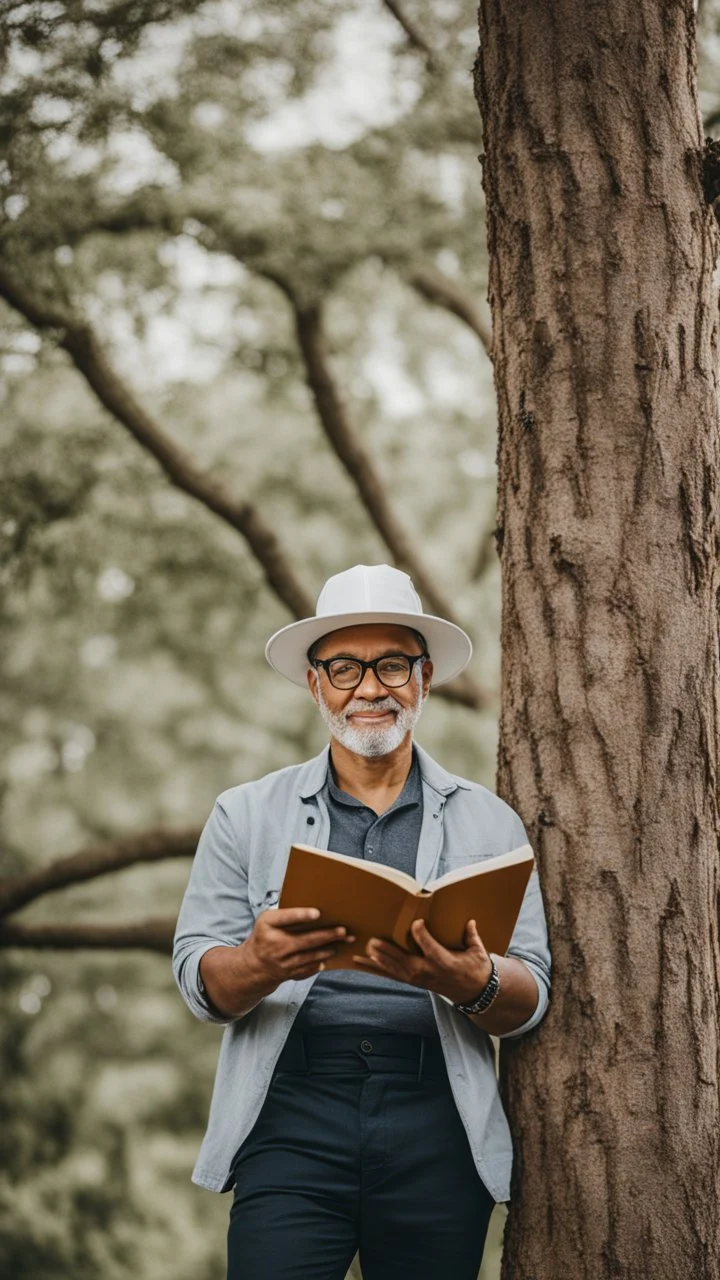 A man wearing a white Dad Hat, wearing glasses, and reading with a tree behind him, high resolution