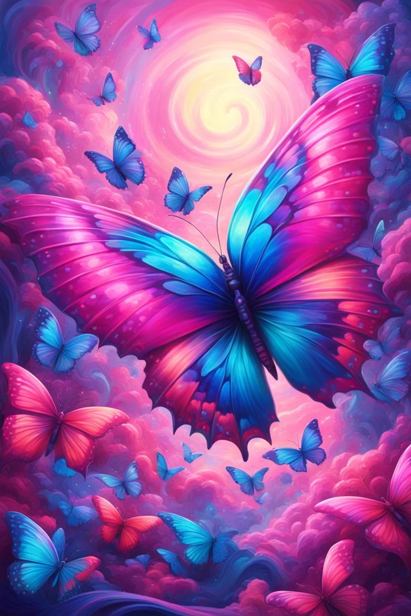 vibrant psychedelic oil painting image, airbrush, 64k, cartoon art image of background PINK and SAPPHIRE BUTTERFLIES , futurism style