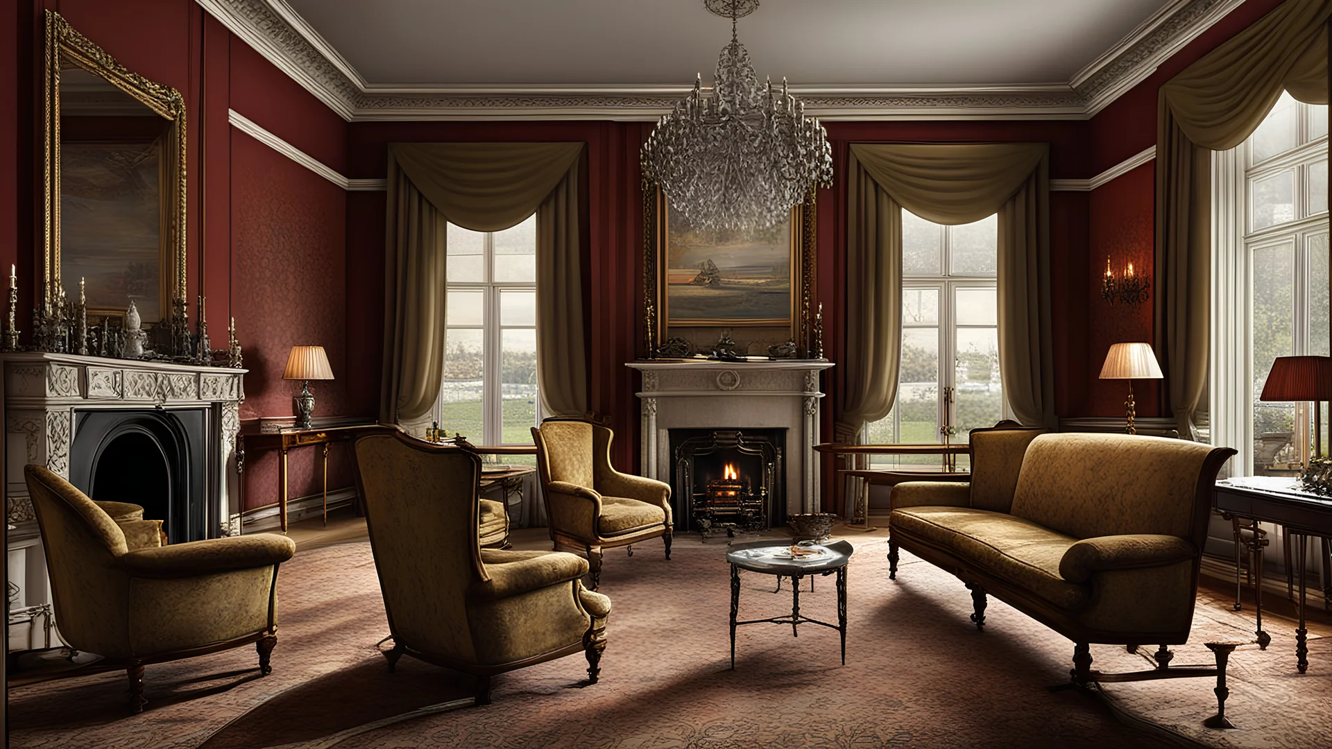 Sitting-room interior, one fireplace with fire burning, 1950 UK town house, chairs have four legs, tables have four legs, window, clean, tidy, extravagant, affluent, expensive wallpaper, fine fabrics, chandelier, fashionable, luxuries, award-winning color photograph, Ultra Realism, 16k, HDR, High Quality, Sharp Focus, Studio Photo, Intricate Details, Highly Detailed