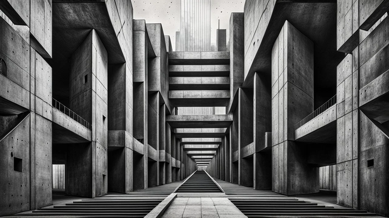 A dark, cold and surreal abstract artwork inspired by brutalism and brutalist architecture. Massive monolithic concrete structures form an impossible architectural passageway, with severe geometric shapes, enormous walls, sharp angles, deep voids and distorted perspective. The architecture feels oppressive, mysterious and dreamlike rather than realistic. Use a cold palette of graphite black, concrete grey, steel blue, icy blue and desaturated cyan, with subtle atmospheric dramatic shadow