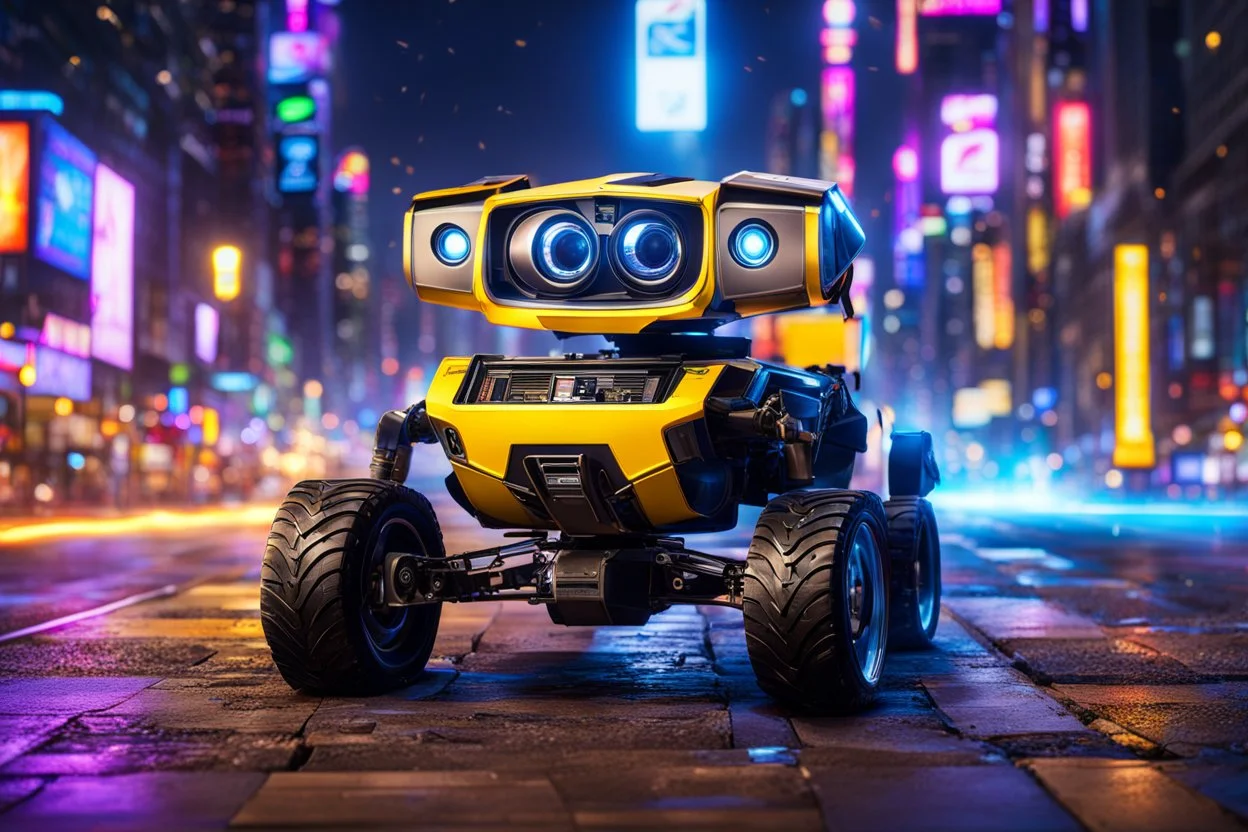 Wall-E in 8k cgi artstyle, dynamic pose, oshare kei, hurufiyya, rtx , neon lights, intricate details, highly detailed, high details, detailed portrait, masterpiece,ultra detailed, ultra quality