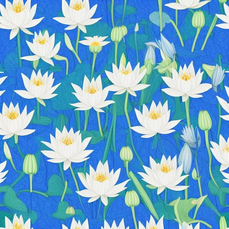 highly detailed painting of Blue Lotus Lily (nymphaea caerulea), seamless pattern, Avant Garde