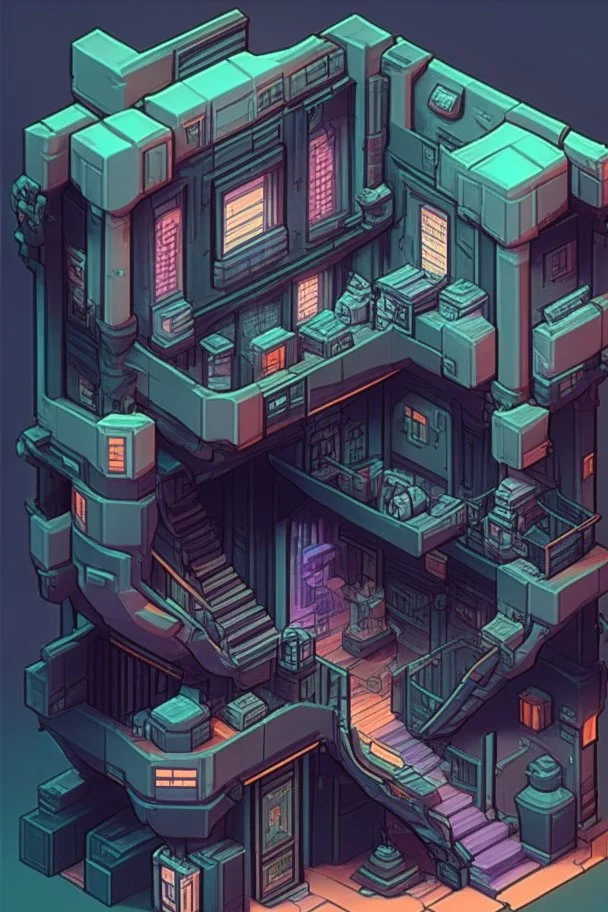 escher style in game asset house anime cyberpunk style