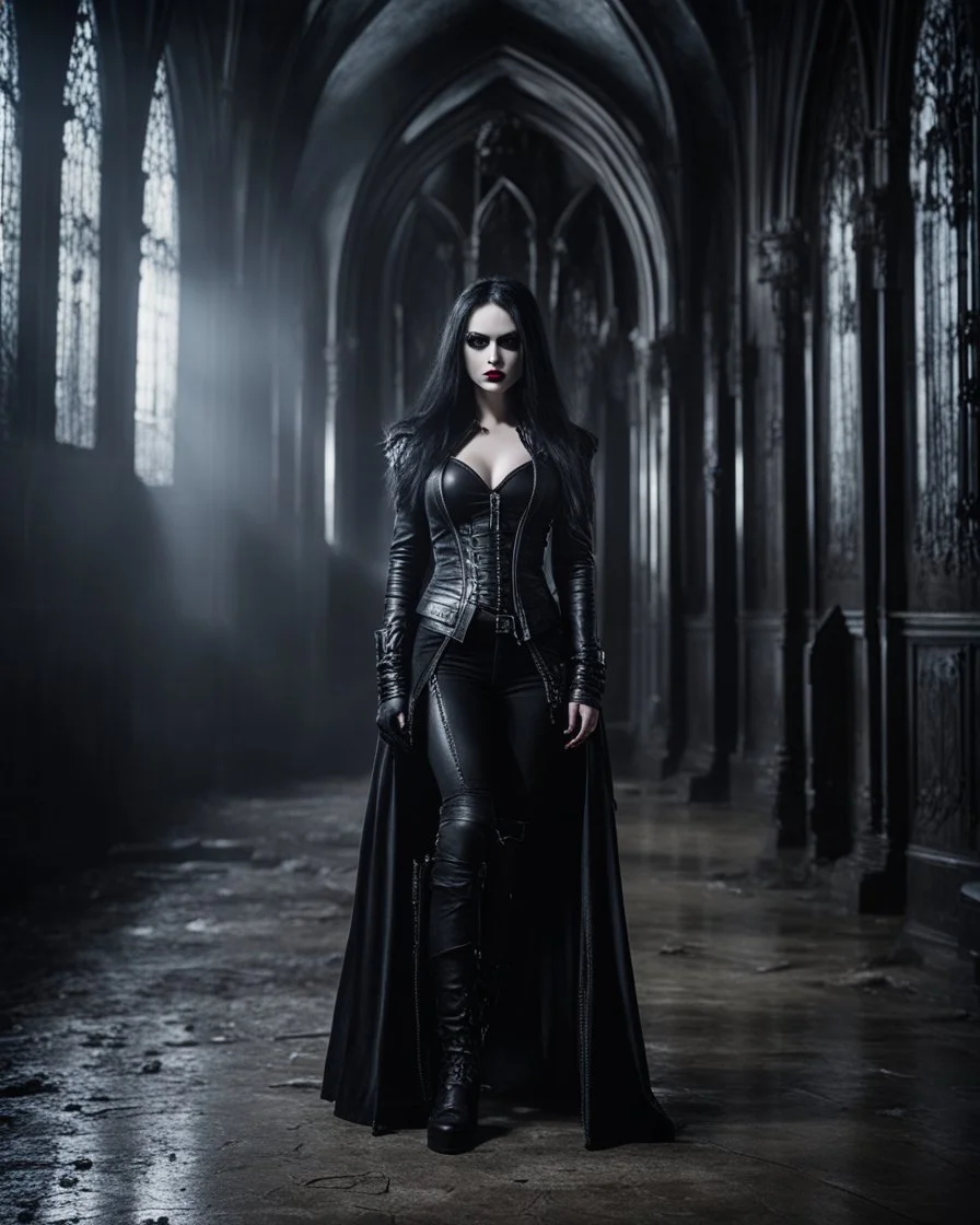 Beauty of Queen Vampire Gothic,Full a length image full body Pretty bigbusty female dark creepy gothic makeup,pretty eyes,black metal rock clothes gothic style,tight black leather jacket heavy metal punk rocker style,cinematic colors,walk in dark castle room,bats flying surrounded