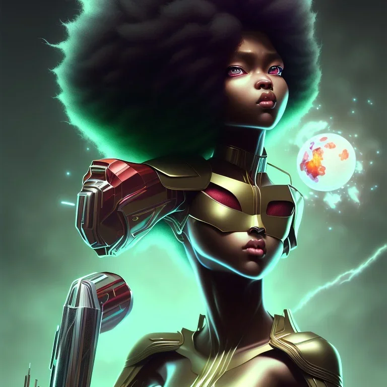 black super hero girl, green eyes, afro | very very anime!!!, fine - face, red afro, realistic shaded perfect face, fine details. anime. realistic shaded lighting poster by ilya kuvshinov katsuhiro otomo ghost - in - the - shell, magali villeneuve, artgerm, jeremy lipkin and michael garmash and rob rey