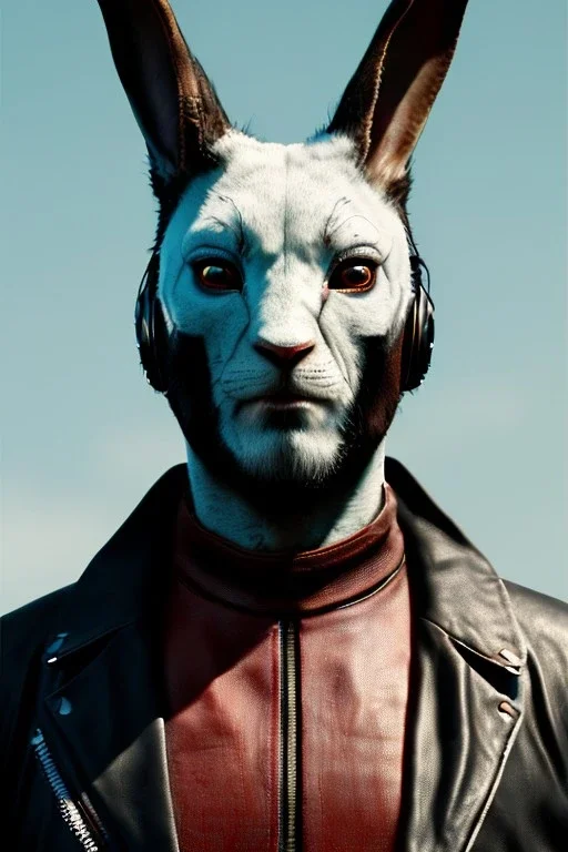 Medium Close Up Portrait, Front image. cyberpunk, rabbit mask, us man, white Rasta hair. leather suit. White, black, red, color. Punk style. Color background, photo studio. Avatar image, highly detailed, concept art, smooth, unreal engine 5, god rays, ray tracing, RTX, lumen lighting, ultra detail, volumetric lighting, 3d, finely drawn, high definition, high resolution.